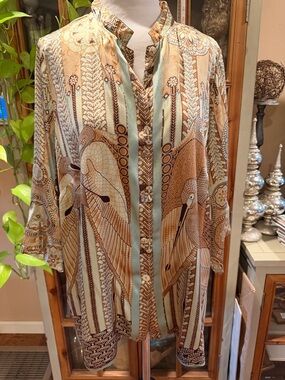 Citron 100% Silk Crane-Print Longline Button-Up Top - Beige & Mint